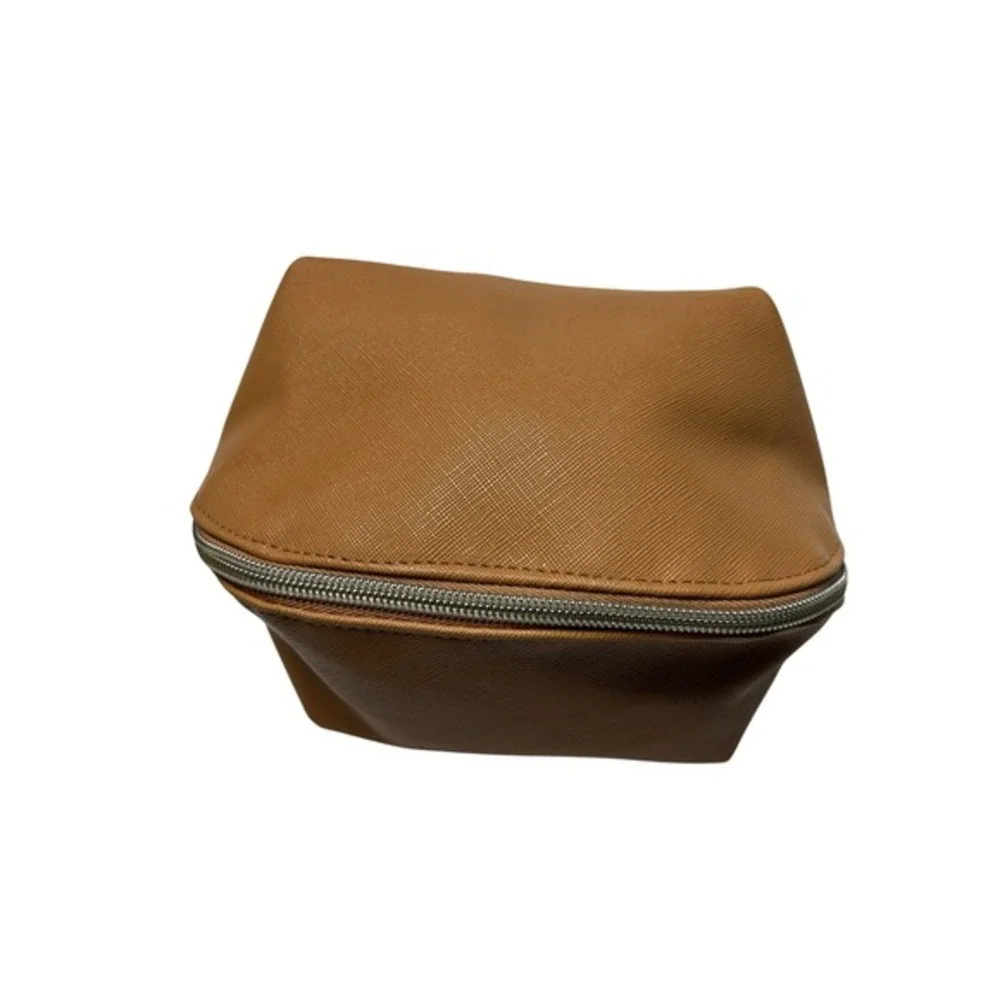 Moroccanoil Tan Faux Leather Dome Cosmetic Makeup Bag Turquoise Lining Zipper
